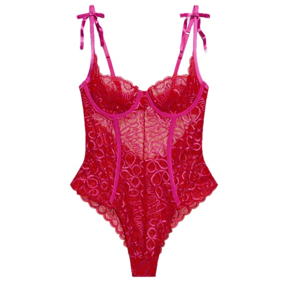 Savage X Fenty Other - Savage X Fenty Ribbon Writing Lace Teddy Bodysuit Red and Pink Lace